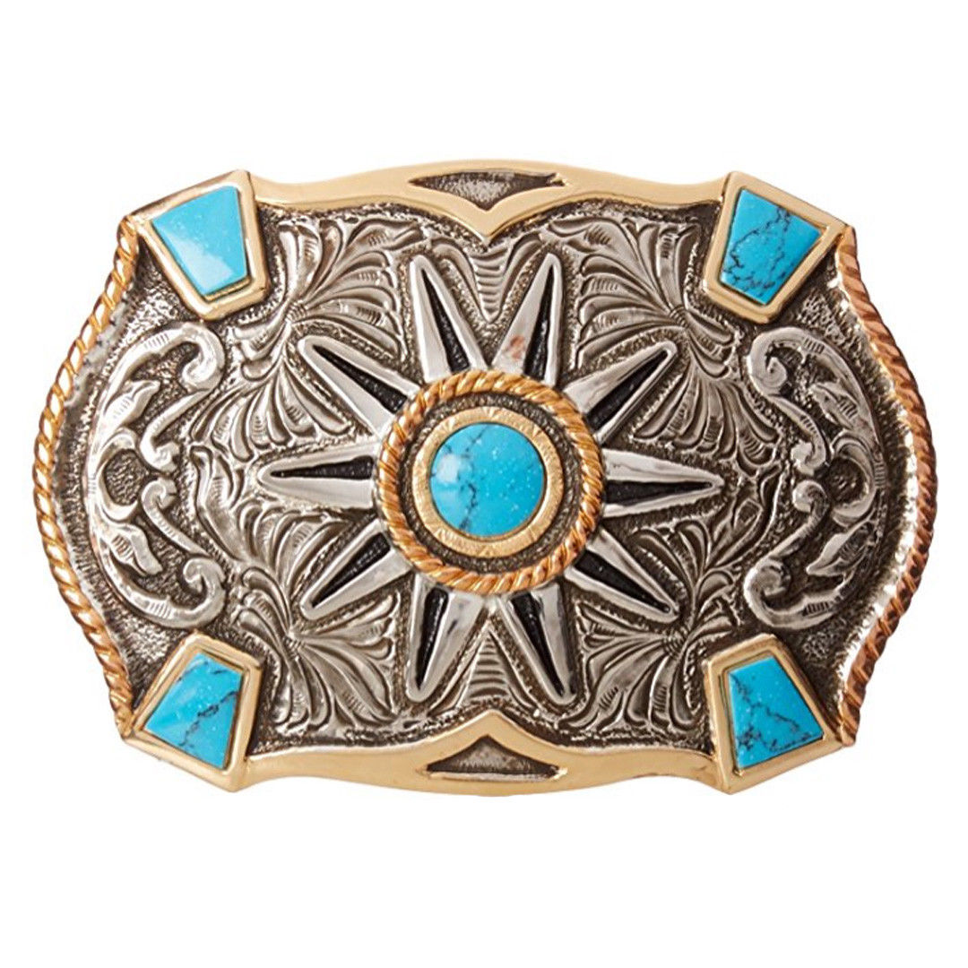 Western Rowel Silver & Gold Belt Buckle with Turquoise Stones