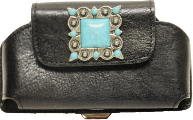 Western Black Leather Cell Phone Holder with Turquoise Concho for Phones up to 5-1/4″ Tall