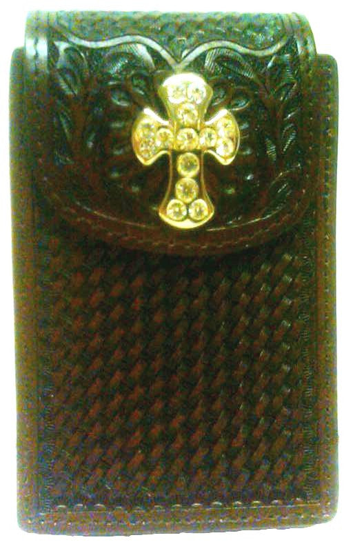 Western Brown Leather Cell Phone Holder for iPhone4 & Blackberry with Cross Concho