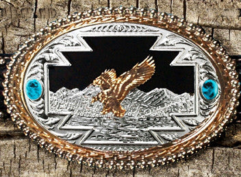 “Eagle” Western Silver, Gold & Turquoise Belt Buckle