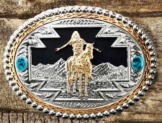 “Great Spirit” Western Silver, Gold & Turquoise Belt Buckle