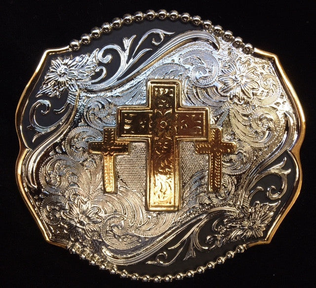 Western Silver, Gold & Black Triple Cross Belt Buckle