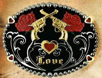 “Love, Roses & Crossed Pistols” Western Ladies’ Belt Buckle