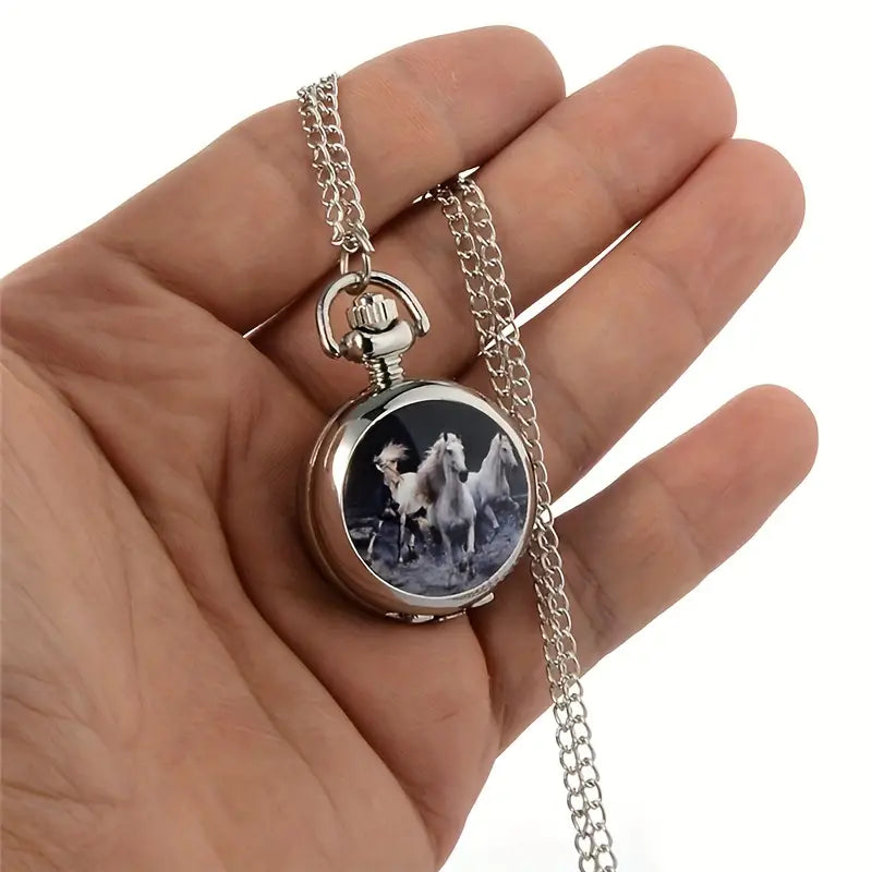 Vintage Silver Horse Design Quartz Pocket Watch Necklace Pendant Clock Chain